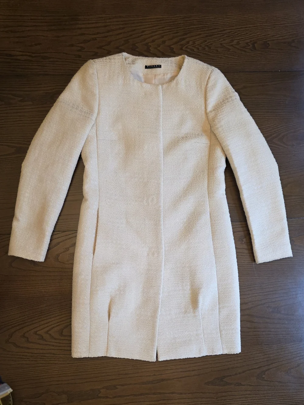 Sisley Cream Wool Tweed Coat Collarless Quiet Luxury Minimalist Paris Winter